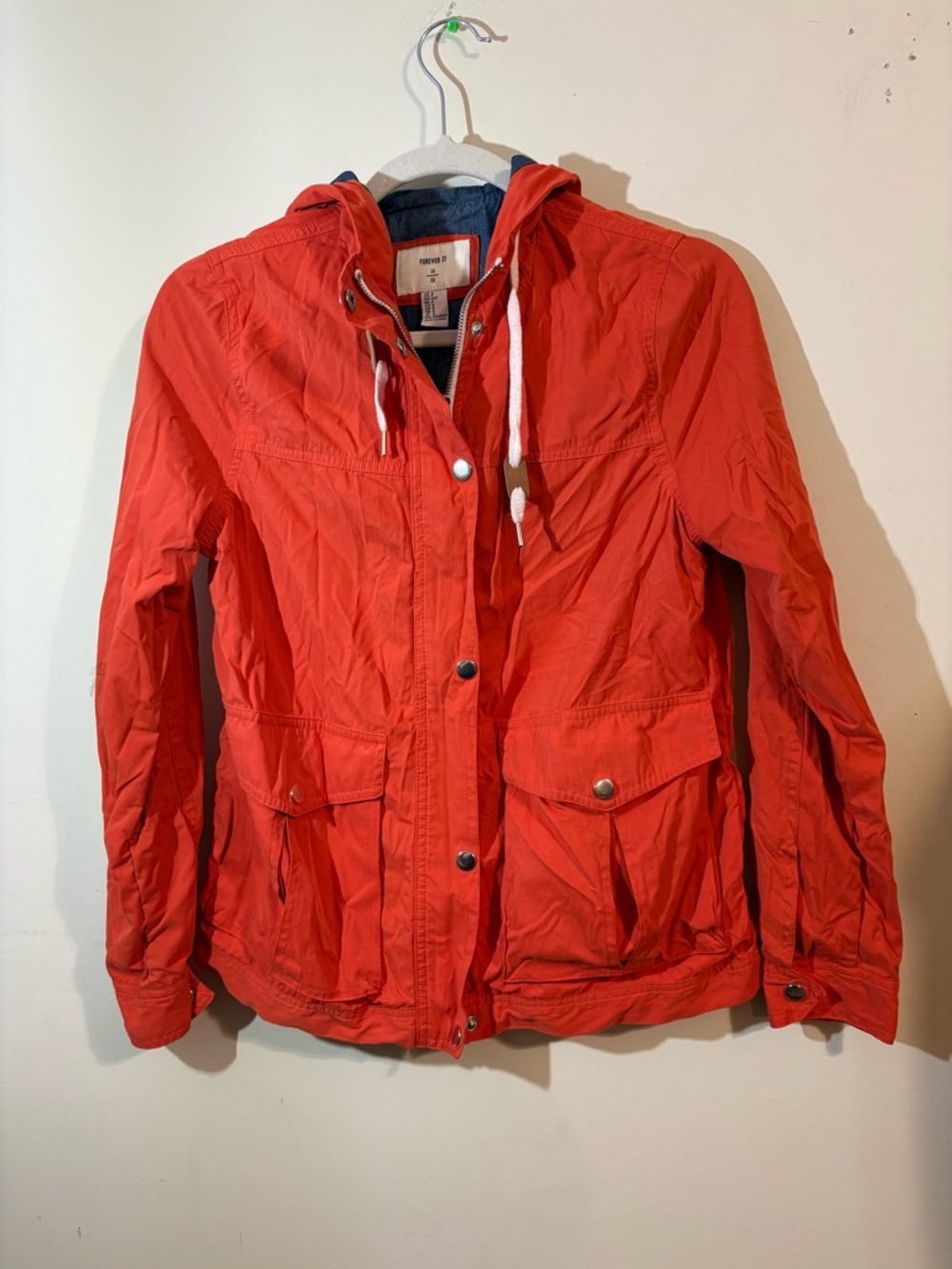 Forever 21 Jacket Women’s small orange windbreaker‎ jacket hood pockets utility